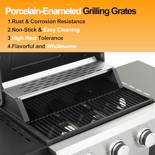 Stainless Steel 3-Burner Propane Gas Grill – 30,000 BTU Output, Porcelain-Enamel Grates, Even Heating System & Easy Grease Management for Backyard Patio BBQ Parties