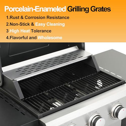 Stainless Steel 3-Burner Propane Gas Grill – 30,000 BTU Output, Porcelain-Enamel Grates, Even Heating System & Easy Grease Management for Backyard Patio BBQ Parties