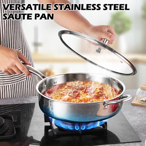 E-far 12 Inch Deep Frying Pan with Lid, 6 Quart Tri-Ply Stainless Steel Saute Pan, Kitchen Skillet, Healthy Non-toxic Cooking Pan for Induction Ceramic Gas Stoves, Heavy Duty, Oven & Dishwasher Safe