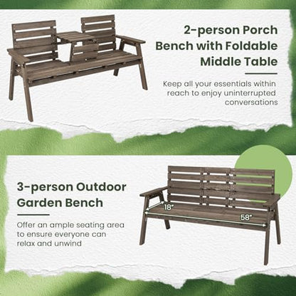 Tangkula Outdoor Fir Wood Bench with Foldable Middle Table, 2-3 Person Garden Bench with Backrest and Armrests, 710 lbs Weight Capacity, Slatted Seat Bench for Porch, Patio, Backyard