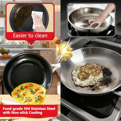 Agerma 8-Inch Nonstick Frying Pan, Tri-Ply Stainless Steel Skillet with Reinforced Coating, Detachable Handle with Silicone Sleeve, Dishwasher and Oven Safe, Induction Compatible,Woks & Stir-Fry Pans