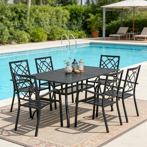 SUNCROWN 7-Piece Outdoor Wrought Iron Chairs and Table Patio Dining Furniture Set - 6 Stackable Metal Chairs, 1 Steel Slat Bistro Table for Garden Backyard Deck