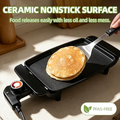 I-Keukenn Small Electric Griddle, 10 Inch Mini Ceramic Non-Stick Electric Skillet with Adjustable Thermostat, 1200W Single Serve Grill for Breakfast, Cooking for Pancakes, Eggs, Sausage