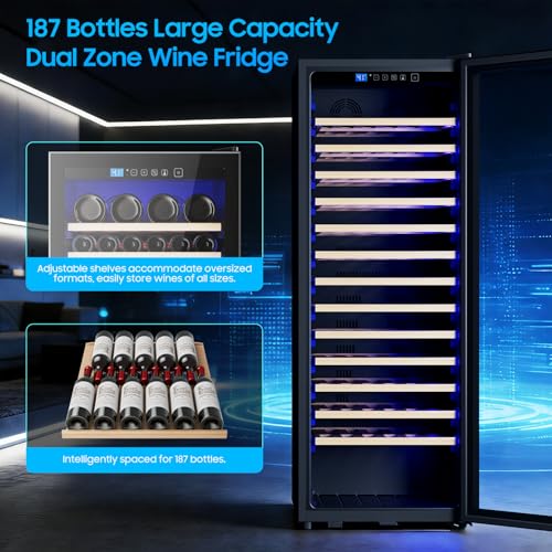 EORICE 24 Inch Wine Fridge Wine Cooler Refrigerator, 187 Bottles Freestanding Wine Cabinet with Sliding Rail Shelves, Glass Door & LED Lights, 41℉-64℉ Quiet Low Noise for Home Office Kitchen