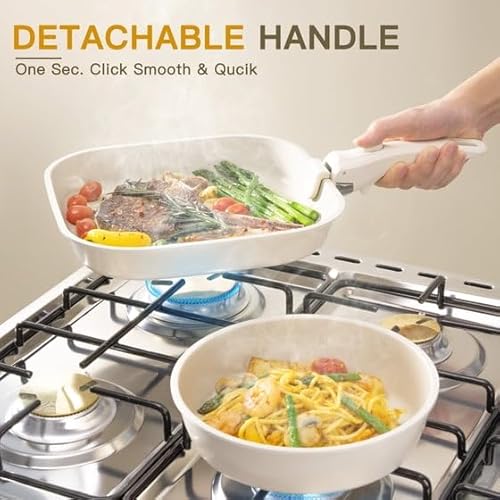 Nonstick 22-Piece Ceramic Cookware Set with Removable Handles, Cream White, Induction Ready, Oven Safe, Stackable