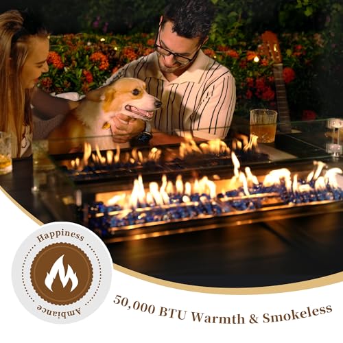 PIZZELLO 10 Piece Patio Furniture Set with 60" Propane Firepit Table, 6Pcs Outdoor Swivel Rocker Chairs with 3 Side Tables and Aluminum Gas Fire Table
