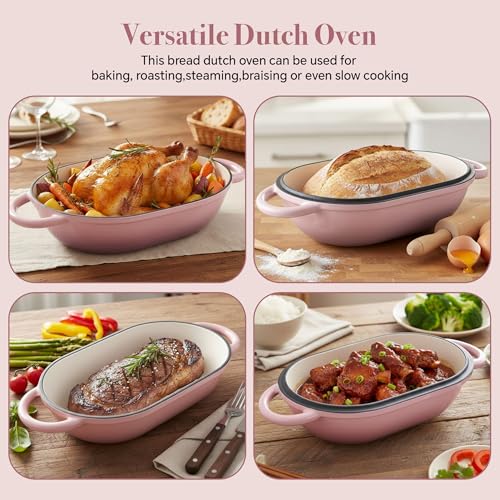2 QT Oval Dutch Oven for Bread Baking, Enamelled Cast Iron Bread Oven for Sourdough, Sourdough Loaf Pan with Lid, Heavy-Duty Non Stick Bread Pan for Homemade Bread Baking, Pink