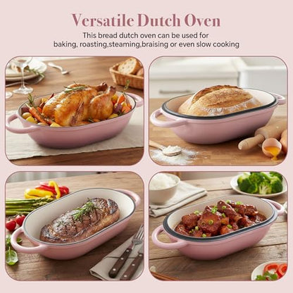 2 QT Oval Dutch Oven for Bread Baking, Enamelled Cast Iron Bread Oven for Sourdough, Sourdough Loaf Pan with Lid, Heavy-Duty Non Stick Bread Pan for Homemade Bread Baking, Pink