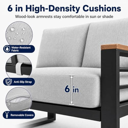 Relax Tree Aluminum Outdoor Patio Furniture, 5 Piece 7-Seat Conversation Set with 2 Chairs, Loveseat, 3-Seat Sofa and Coffee Table, Thick Cushions, Waterproof Covers, Gray