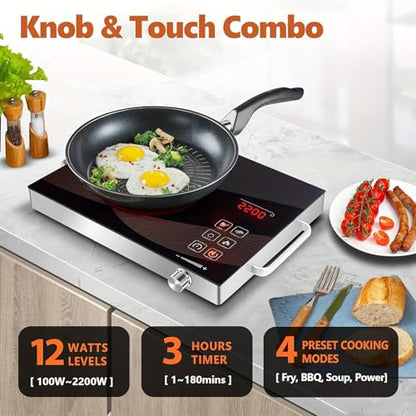 Portable Electric Cooktop, 2200W Ceramic Glass Induction Burner, 12 Power Levels, 3-Hour Timer