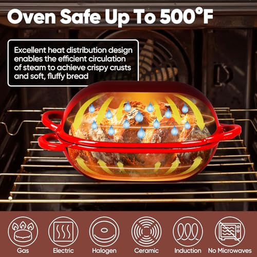 TeamFar Enameled Cast Iron Bread Loaf Pan, 2 QT Oval Dutch Oven with Lid for Sourdough Bread Baking, Enameled Meatloaf Loaf Baking Pan with Lid, Even Heat Distribution & Self-Basting, Red