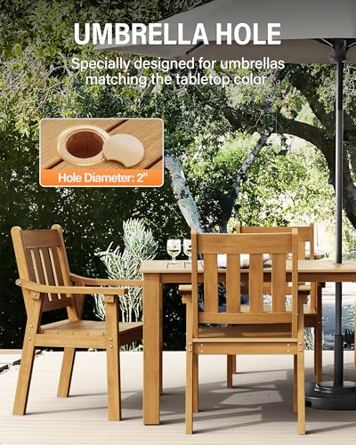 YEFU HIPS Patio Table Set: 7 Piece Outdoor Table and Chairs Dining Furniture Set with Umbrella Hole - Teak Modern Plastic Dining Sets 6 Person for Outside Deck with Metal Aluminum Frame