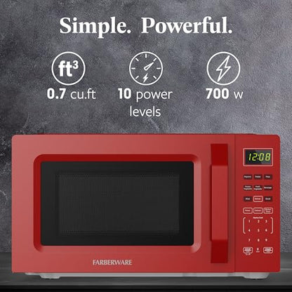 Farberware Countertop Microwave Oven, 700W, 0.7 Cu. Ft. Capacity, Compact Design with Turntable, Digital Display & Auto-Cook Functions, Red
