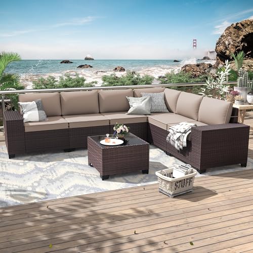 ALAULM Patio Furniture Set 7 Pieces Rattan Wicker Sofa Set Outdoor Sectional Furniture All Weather Couch Conversation Sets w/Thick Cushions & Glass Coffee Table,Sand