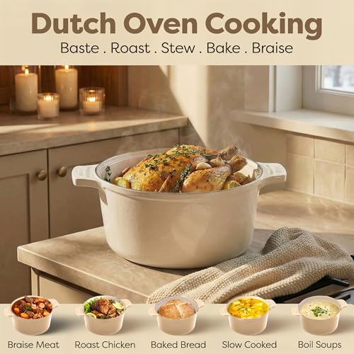 Gotham Steel 5 Qt Dutch Oven Pot with Lid, Nonstick Ceramic Dutch Oven Stock Pot, 10 in 1 Cooking Pot & Dutch Oven for Bread Baking, Lightweight Oven & Dishwasher Safe – Cream
