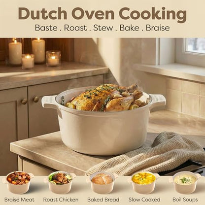 Gotham Steel 5 Qt Dutch Oven Pot with Lid, Nonstick Ceramic Dutch Oven Stock Pot, 10 in 1 Cooking Pot & Dutch Oven for Bread Baking, Lightweight Oven & Dishwasher Safe – Cream