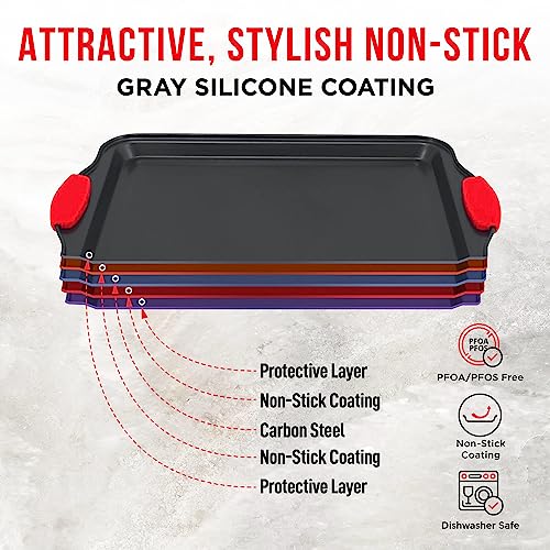 2 Piece Set Nonstick Carbon Steel Oven Bakeware -Professional Quality Kitchen Cooking Baking Trays -PFOA, PFOS, PTFE-Free Medium & Large Baking Sheet Pans with Red Silicone Handles