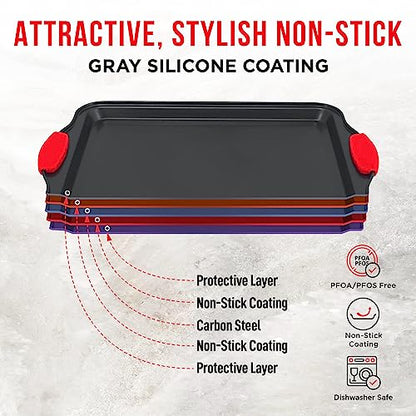 2 Piece Set Nonstick Carbon Steel Oven Bakeware -Professional Quality Kitchen Cooking Baking Trays -PFOA, PFOS, PTFE-Free Medium & Large Baking Sheet Pans with Red Silicone Handles