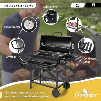 Flamaker Charcoal Grill Barrel style BBQ Charcoal Grill with Three Item Racks Thermometer Double-Layer Chrome-Plated Iron Baking Pan Ash Catcher for Camping Outdoor BBQ