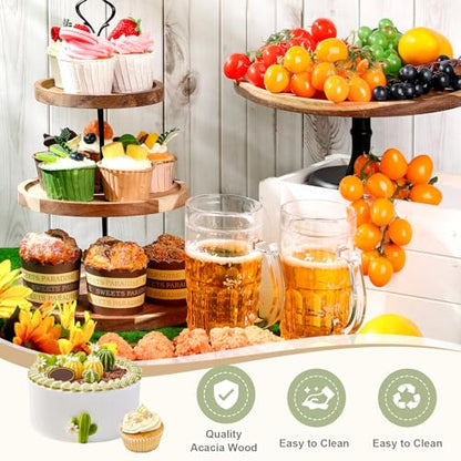 Havawish 7 Pcs Wood Dessert Table Display Set, 3 Tier Wooden Cupcake Stand Round Cake Stand Rectangular Serving Tray Platter for Display Tea Party Wedding Farmhouse(Natural Color)
