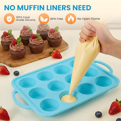 RCMo 2Pack Silicone Muffin Pan for Baking with Metal Reinforced Frame, 12 Cup Regular Size Cupcake Pan, BPA Free Silicone Muffin Tray, Cupcake Baking Pan Molds for Oven Dishwasher Safe - Blue