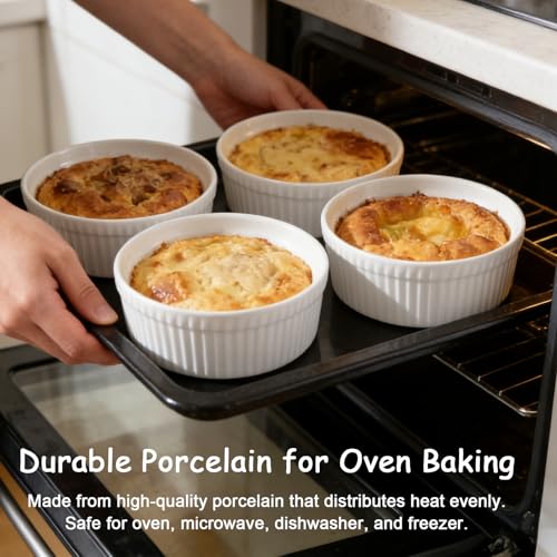 Cinf White 10 oz Set of 4 Souffle Dishes Ramekins Oven Microwave Safe Bowls Creme Brulee Sauce Cups for Baking Cooking Porcelain Individual Serving Size for Desserts
