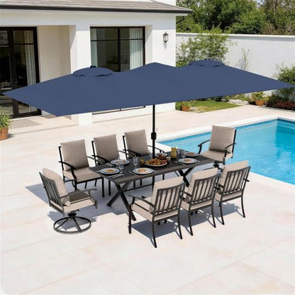 ASJMR 10 Piece Outdoor Dining Set for 8, Patio Table and Chairs Set with Umbrella, Metal Patio Furniture Set with 2 Swivel Chairs, Outdoor Table and Chairs with Cushions for Lawn, Garden, Yard-Sand