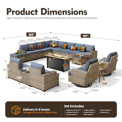 HOOOWOOO Sectional Patio Furniture Set with Fire Pit Table,17 Pieces Wicker Outdoor Furniture L Shaped Couch,Outside Conversation Set Extra Deep Sofa Wide Arm Swivel Chairs Ottoman Light,Denim Blue