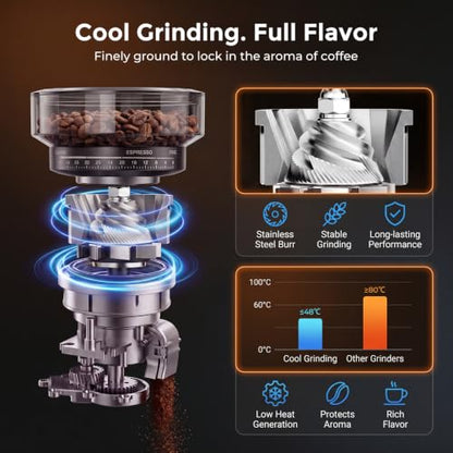MOEFO Espresso Machine with Grinder, 20-Bar Programmable Semi-Automatic Coffee Maker, Visual Pressure Gauge & Touchscreen, Compact Design with Tamper, Make Americano, Latte, Silver