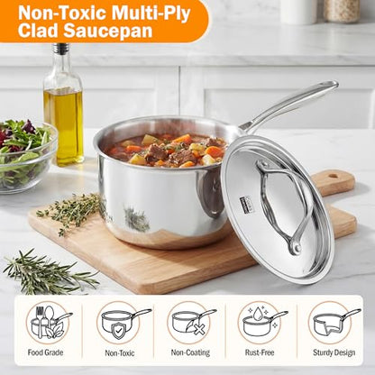 Cooks Standard Multi-Ply Clad Stainless Steel Saucepan with Lid, Sauce Pan Kitchen Induction Pot, Dishwasher & Oven Safe, Compatible with All Cooktops, 3-Quart