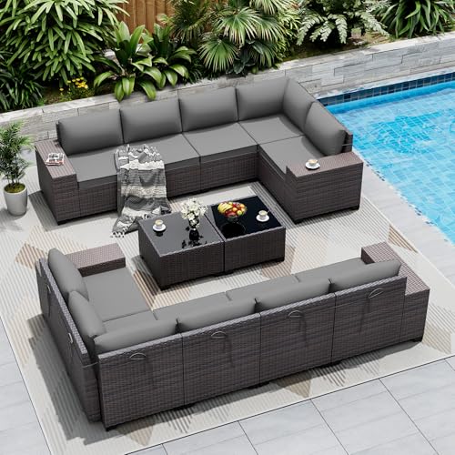 ASJMR Outdoor Patio Furniture Set, 12 Pieces Outdoor Sectional Furniture High Backrest Patio Sofa, All-Weather PE Rattan Patio Conversation Set with Coffee Table & Cushions(Grey).
