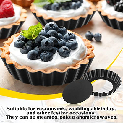 Tessco 16 Pieces Mini Tart Pans with Removable Bottom Nonstick Quiche Mini Pie Tart Pans Bakeware Mold Fluted Side for Pies(Black Gray Round,3 Inch)
