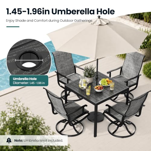 Pamapic 5-Piece Outdoor Dining Set, All Weather Patio Table and Chairs Set with Umbrella Hole, Wood-Like Metal Table and 4 360° Swivel Textilene Chairs for Backyard, Poolside, Deck, Porch, Grey