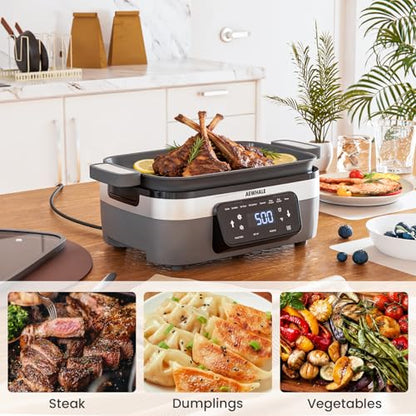 AEWHALE Multifunctional Electric Skillet with Grill|8 Cooking Functions|Removable Non-Stick Plate+Pot+Lid,1500 W Digital Family Size Griddle