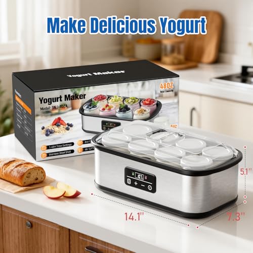 Yogurt Maker with Auto-Shut off and Adjustable Time & Temp Control, Yogurt Maker Machine Make Healthy Yogurt with Full Probiotics for Family, Friends, Perfect Gift, 8x6oz Jars