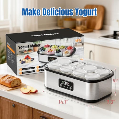 Yogurt Maker with Auto-Shut off and Adjustable Time & Temp Control, Yogurt Maker Machine Make Healthy Yogurt with Full Probiotics for Family, Friends, Perfect Gift, 8x6oz Jars