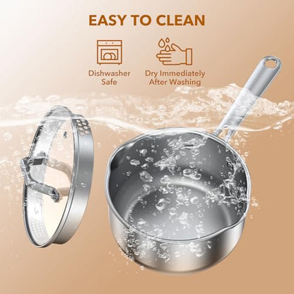 PekGema Stainless Steel Saucepan 2.5 Quart with Glass Strainer Lid, Tri-Ply Construction, Dual Pour Spouts, Measurement Marks, Stay-Cool Handle, Dishwasher & Oven Safe, All Cooktops Compatible