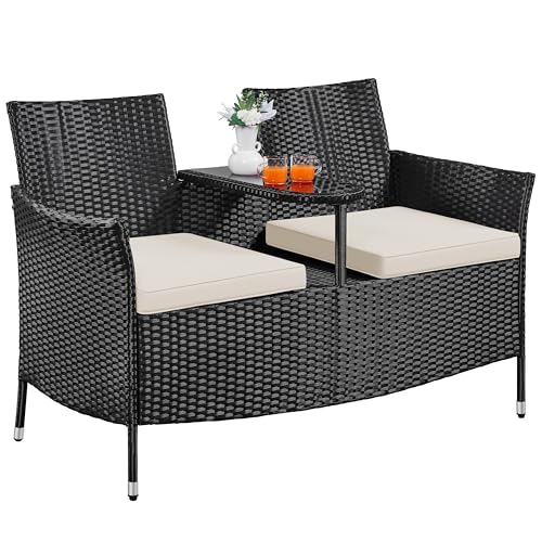 Yaheetech Patio Loveseat, Outdoor Wicker Double Chair w/Side Table