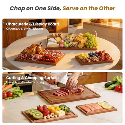Bamboo Cutting Board Set with Stand, 3PCS Double-Sided Chopping Boards for Kitchen Meal Prep & Serving, Charcuterie, Juice Grooves & Side Handle, Ideal for Meat, Vegetables, Kitchen Essentials, Brown