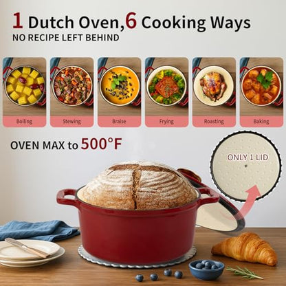 Tastedeli Enamel Cast Iron Dutch Oven with Lid, Round Casserole Pot for Bread Baking, Braising, Roasting, and Stews, Heavy-Duty, Oven Safe, Induction Compatible (4.7QT,Red)