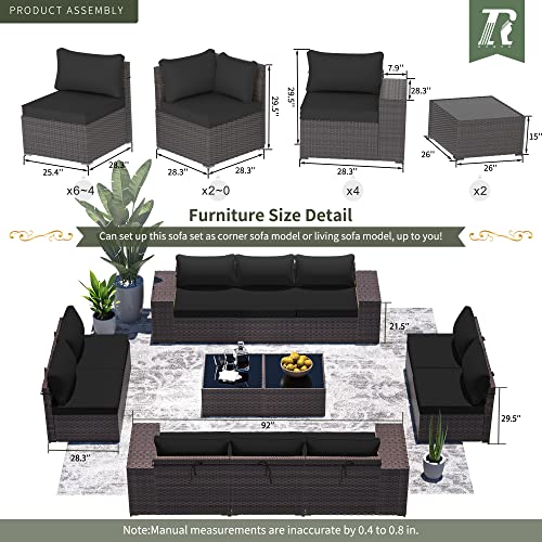 RTDTD 12 PCS Outdoor Patio Furniture Set,Outdoor Sectional Furniture All Weather PE Rattan Wicker Patio Conversation Set with 2 Coffee Tables and 10 Thickened Cushions,Black