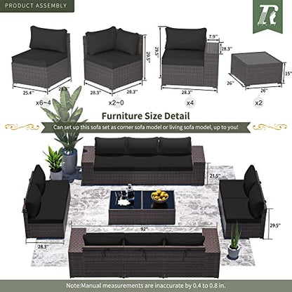 RTDTD 12 PCS Outdoor Patio Furniture Set,Outdoor Sectional Furniture All Weather PE Rattan Wicker Patio Conversation Set with 2 Coffee Tables and 10 Thickened Cushions,Black
