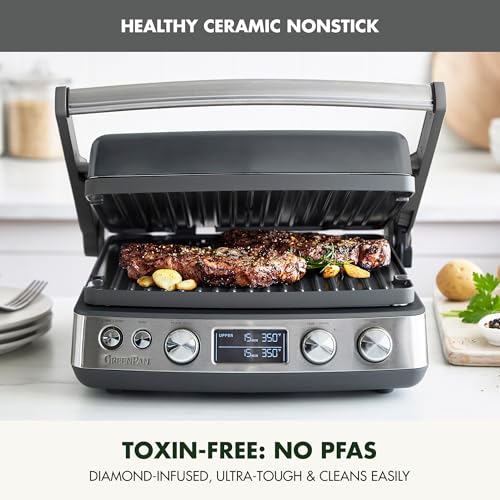 GreenPan Elite 6-in-1 Multi-Function Contact Grill & Griddle, Healthy Ceramic Nonstick Reversible Plates, Adjustable Shade & Shear, Closed Press/Open Flat Surface, PFAS-Free, Graphite
