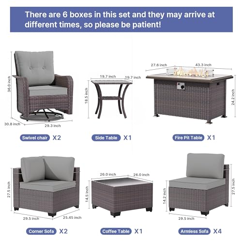 Gotland 11 Pieces Patio Furniture Set with Fire Pit Table Swivel Chairs, PE Rattan Outdoor Furniture with 29.5'' High Backrest 4’’ Thick Cushions, Outdoor Sectional for Porch, Deck, Garden, Grey