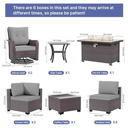 Gotland 11 Pieces Patio Furniture Set with Fire Pit Table Swivel Chairs, PE Rattan Outdoor Furniture with 29.5'' High Backrest 4’’ Thick Cushions, Outdoor Sectional for Porch, Deck, Garden, Grey