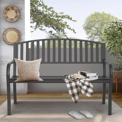 On Shine 50'' Outdoor Bench Weatherproof, Cast Iron All Metal Frame Garden Bench, Anti-Rust Patio Park Bench Clearance for Front Porch, Yard, Lawn, Deck