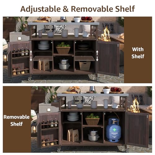 YeahFurn 50" Outdoor Grill Cart with Storage, Solid Fir Wood Grill Prep Table, Rolling Outdoor Cooking Station with Stainless Steel Top, Brown