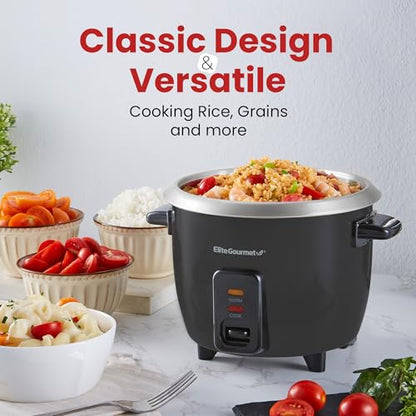 Elite Gourmet ERC003BX Electric Rice Cooker with Automatic Keep Warm Makes Soups, Stews, Grains, Hot Cereals, 6 Cups Cooked (3 Cups Uncooked), Black
