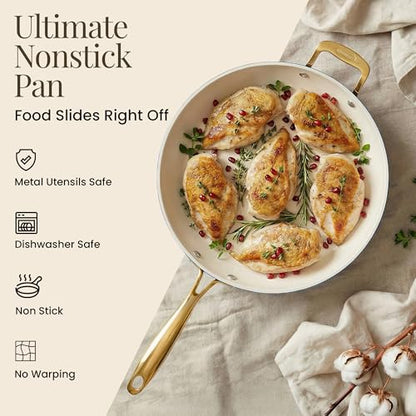 Gotham Steel 14 Inch Non Stick Frying Pans, Family Sized Non Stick Skillet, Large Frying Pan Nonstick Frying Pan, Induction Pan, Nonstick Pan for Cooking, Oven Safe Skillet, Dishwasher Safe–Cream Navy