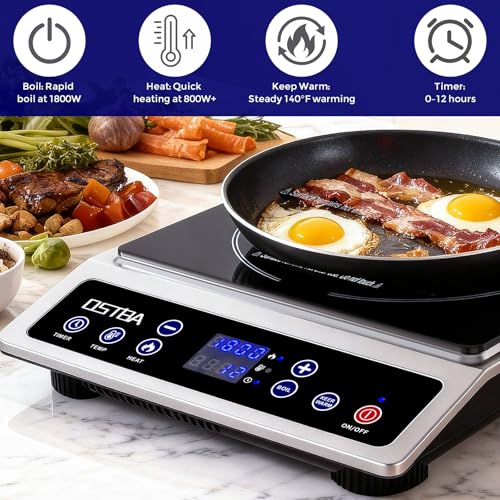 OSTBA 1800W Commercial Induction Cooktop, 7" Heating Coil Countertop Induction Burner, 10 Power Levels & 120–460°F Temperature Control, 3H Timer, Keep Warm, ETL Certified